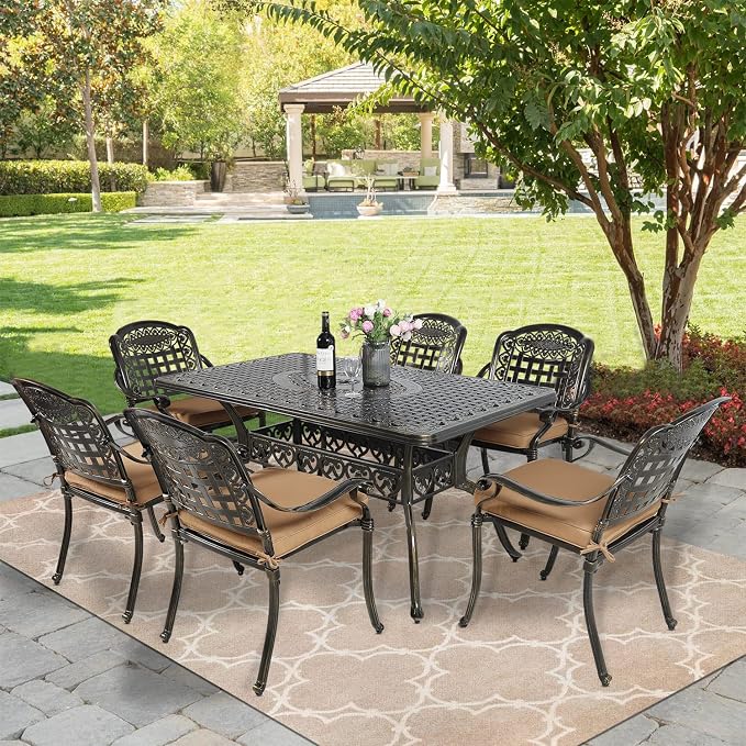 MEETWARM Outdoor 60" Rectangular Patio Dining Table, All Weather Cast Aluminum Large Patio Furniture Table Fits for 6-8 Person with 2" Umbrella Hole, Dark Bronze