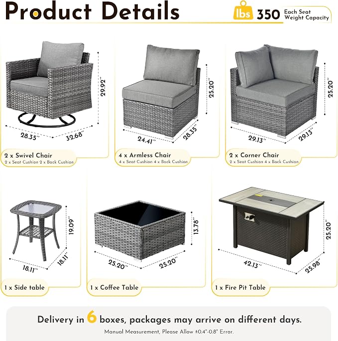 Weaxty 11 Piece Patio Furniture Set with Fire Pit Table, Outdoor Sectional Couch Swivel Rocker Patio Chairs with Coffee Table Wicker Conversation Sets for Balcony Backyard, Dark Gray