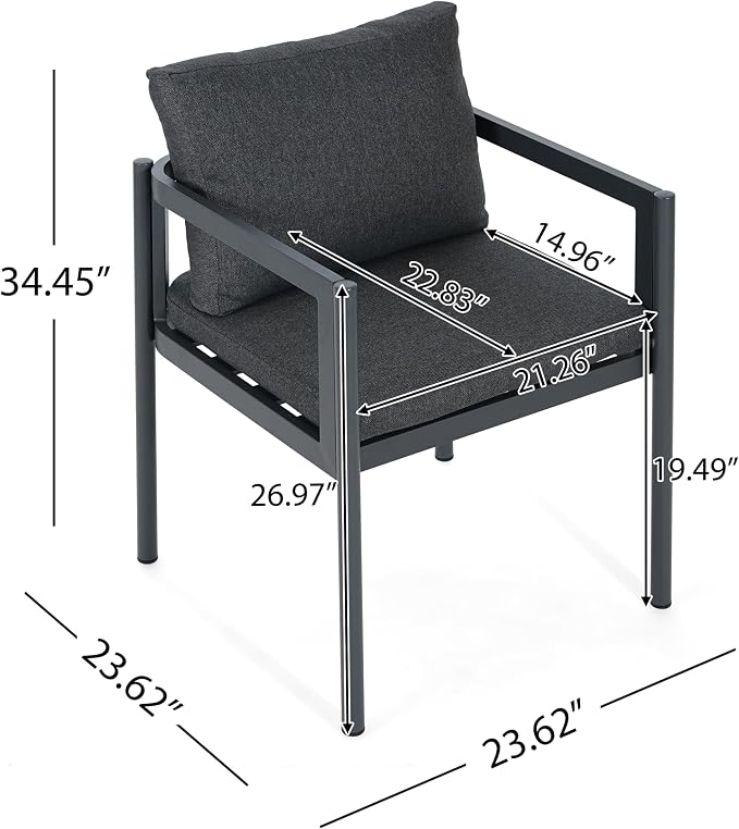 Christopher Knight Home Yoshi Acacia Wood Outdoor Dining Set for 6, 7 Piece Patio Dining Table and Chair Set, Metal Outdoor Dining Armchair and Table Set with Removable Cushion, Black+Grey+Teak