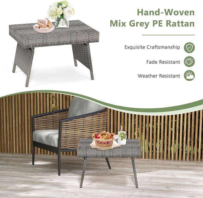 Outdoor Side Table for Patio, Folding PE Rattan End Table with Metal Frame, Portable Wicker Coffee Table for Garden Porch Balcony Deck Poolside (Grey)