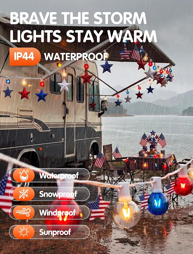 SUNSGNE 4th of July Decorations Outdoor Connectable String Lights with Waterproof Red White and Blue G40 Bulbs, 25 Feet for Garden Patio Patriotic Independence Day Theme Holiday Decor