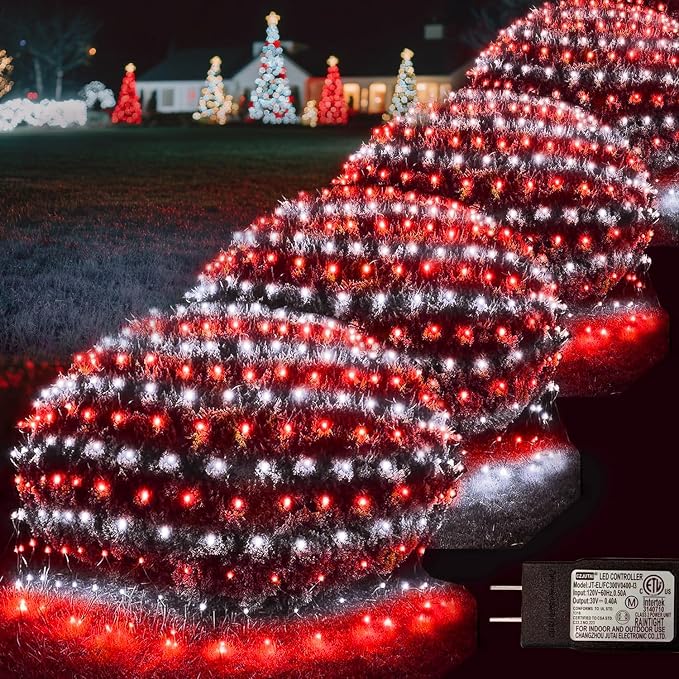 Red and White Christmas Net Lights Outdoor, 21x 5ft Green Wire | 360 LED Large Net Mesh Lights Plug in, 8 Modes Waterproof Connectable Bushes Lights for Christmas Hedge Yard Decor