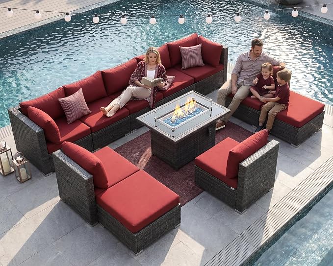 NICESOUL 11 Piece Outdoor Furniture Set with Firepit, Luxury 10-Seater Patio Sectional Sets, 29.3'' High-Back Backyard Seating Area, All-Weather Rattan Couch Set for Outside, Deck, Grey & Red