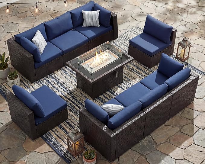BULEXYARD 9 Pcs High Back Outdoor Sectional Set with Firepit Table, Luxury Patio Furniture Seating Set, Oversized Wide Deep Modular 8-Seater Couch Sofa for Backyard, Brown Wicker & Navy Blue Cushion