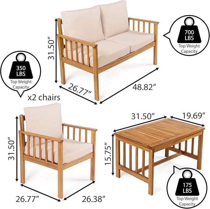 JONATHAN Y Everly 4-Piece Acacia Wood Outdoor Conversation Set, Modern Patio Seating with Loveseat, Coffee Table and Beige Cushions for Backyard, Porch and Garden, Teak Brown LVG1201B-4SET