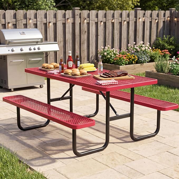72" Outdoor Rectangular Picnic Table with Umbrella Hole, Heavy Duty Commercial Grade Steel Camping Table for Backyard Patio Deck, Weather-Resistant Red Metal Mesh