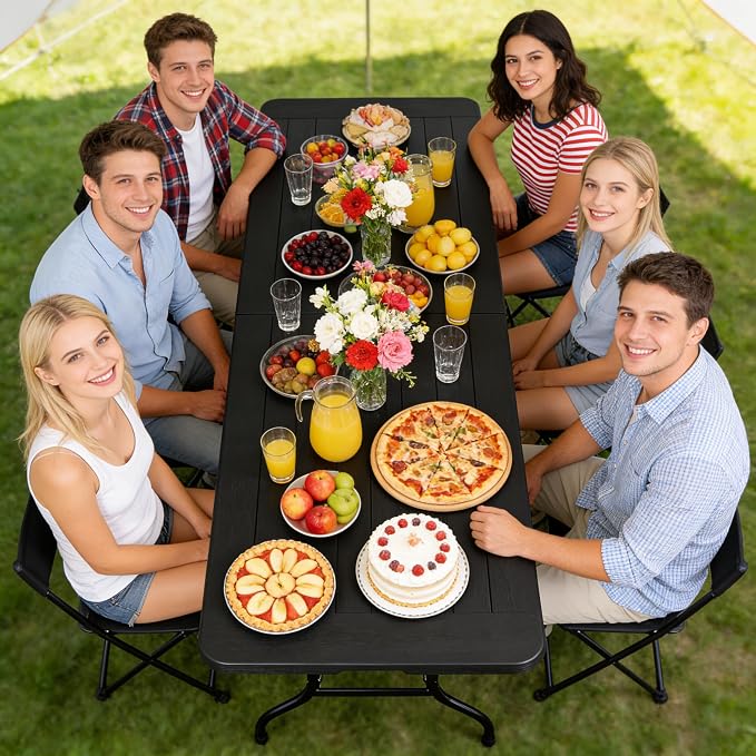 SUPER DEAL 8FT Folding Picnic Table for Indoor Outdoor, Portable Fold-in-Half Plastic Dining Camping Party Table with Carrying Handle, Black