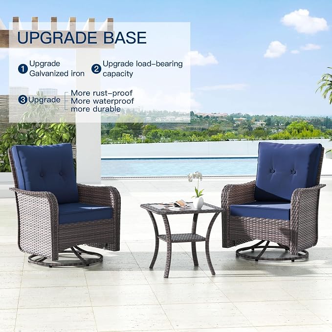 Kullavik 9 Pieces Outdoor Patio Furniture Set,PE Wicker Rattan Sectional Sofa Patio Conversation Sets with Tempered Glass Table,Swivel Rocking Chairs Set,Navy Blue