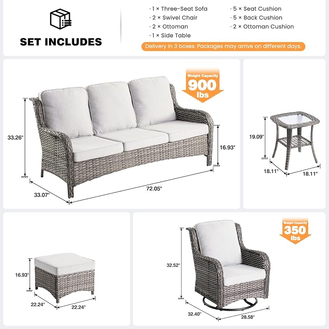 ovios 6-Piece Patio Furniture Set with Swivel Chairs Side Table, Outdoor Wicker Sofa with Comfy Cushions, High Back Couch Modern Conversation Sets, Grey/Grey