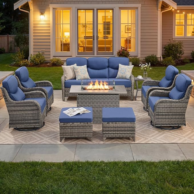 Luxury Patio Furniture Set with 6-inch Thick Cushion, Outdoor Furniture with Fire Pit Table, Swivel Chairs, Sofa, Side Table, Ottomans, 9pcs Wicker Conversation Set Grey Wicker | Blue Cushion