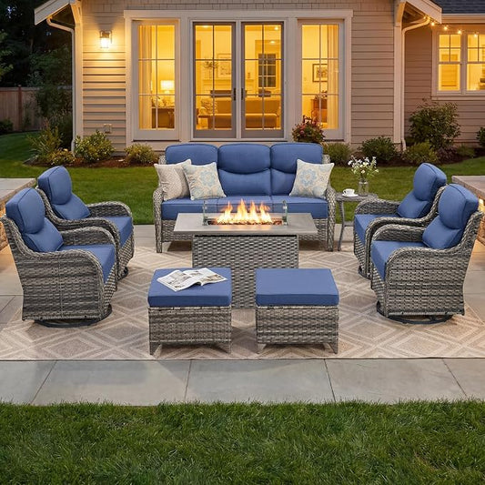 Luxury Patio Furniture Set with 6-inch Thick Cushion, Outdoor Furniture with Fire Pit Table, Swivel Chairs, Sofa, Side Table, Ottomans, 9pcs Wicker Conversation Set(Grey Wicker/Blue Cushion)