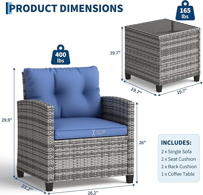 3-Piece Patio Furniture Set, Outdoor PE Rattan Chair with Washable Cushions and Tempered Glass Table Set, All-Weather Conversation Bistro Set for Porch, Garden, Balcony, Deck