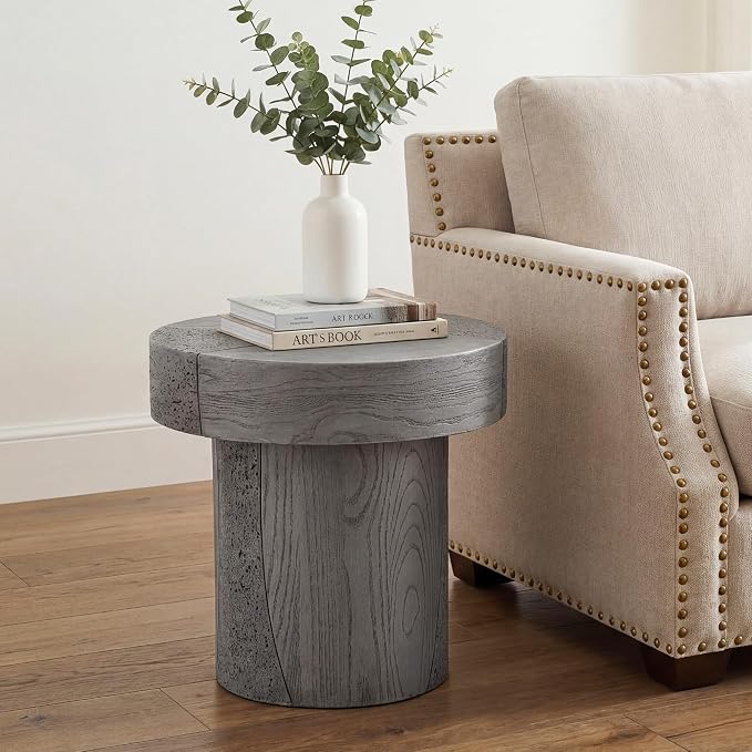 HOMPUS Outdoor Side Table, Concrete Coffee Table Round, 20 inches Dining Table with MgO Tabletop, Faux Wooden End Table for Patio, Garden, Backyard, Grey