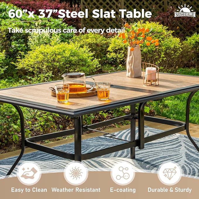 SUNSHINE VALLEY 7 Pcs Patio Dining Set for 6, Rectangular Metal Dining Table (PVC Table Top) with Umbrella Hole and 6 Chairs, Outdoor Dining Set for Lawn Garden Deck, Blue