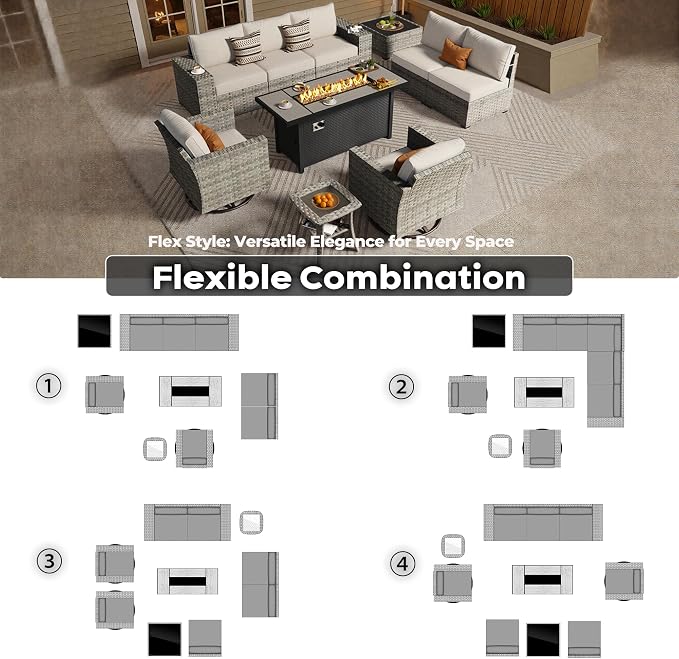 ovios 10 Pieces Patio Furniture Set, Outdoor Wicker Sectional Sofa with 54" Fire Pit Table Swivel Chairs, Modern Modular Deep Seat Rattan Couch Conversation Sets, Beige