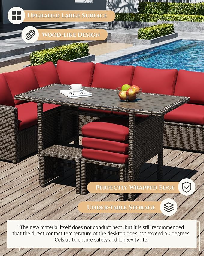 U-MAX 7 Pieces Patio Furniture Set with Waterproof Cover, Outdoor Sectional Sofa Conversation Set, All Weather Wicker Rattan Dining Table & Chair with Ottoman, Brown Rattan&Red Cushion