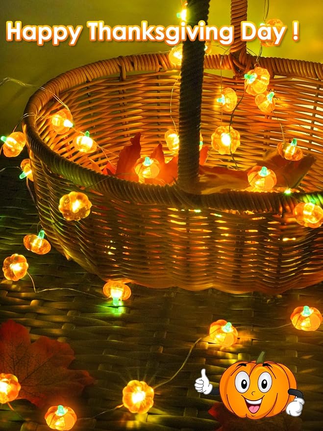 Fall Decorations 3D Pumpkin Fairy Lights Battery Operated 10FT 30LED Orange | Timer, 8 Modes, Remote Control, Waterproof String Light for Indoor Outdoor Garland Harvest Thanksgiving Halloween decorations