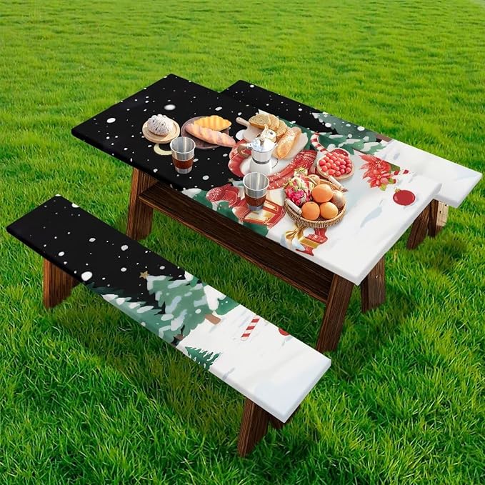 Snowman Picnic Table Cover with Bench Covers Elastic Edges, Rectangle Fitted Christmas Table Cover, Outdoor Patio Camping Essentials 72 Inch 3PCS, Waterproof Camping Fitted Tablecloth