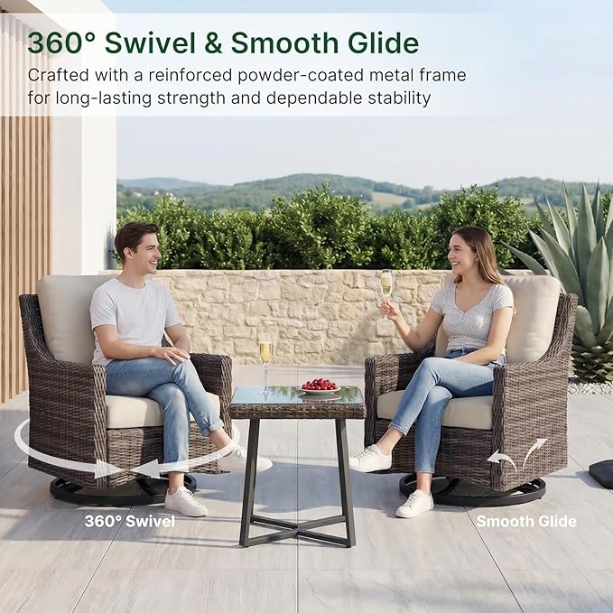 Outdoor Swivel Rocker Patio Chair with Premium Cushion, High Back Wicker Patio Swing Glider for Deck, Porch, Patio and Poolside (Beige, 1 Pcs - Swivel Glider)