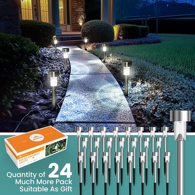 GIGALUMI 24 Pack Solar Lights Outdoor Waterproof,Stainless Steel LED Solar Garden Lights, Outdoor Solar Lights for Yard | Solar Pathway Lights, Solar Garden Lights for Patio, Lawn, Yard and Landscape LED (Cold White)
