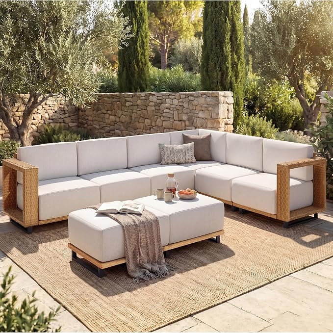 LazySunsets Patio Furniture Set, Wicker Outdoor Sectional Sofa with 10'' Ultra-Thick Cushions & Ottomans, All-Weather Rattan Conversation Set for Backyard Poolside, Yellow/Beige 8 Pieces