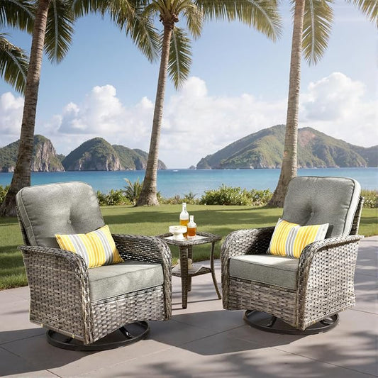 3-Piece Outdoor Patio Furniture Set with Swivel Chairs, Outdoor Conversation Wicker Sofa with Coffee Table, Rattan Couch for Deck Yard Poolside, Dark Grey