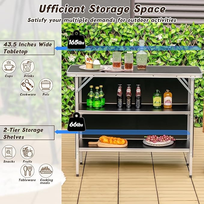 Goplus Folding Camping Table, Portable Pop-Up Bar Table with 2-Tier Storage Shelves, Removable Cloth Cover, Aluminum Foldable Camp Table for Picnic, Tailgate, Party, Travel, Outdoor
