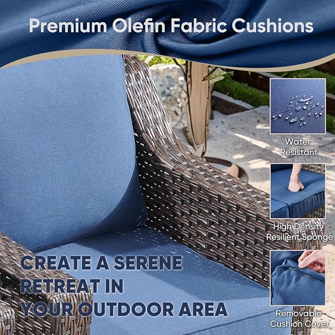 Outdoor Wicker Chair Set of 2-Outdoor Patio Chairs with Deep Seating Patio Dining Chairs for Deck Balcony Poolside Backyard-Brown/Blue