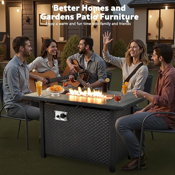 CAODOC 8-Piece Outdoor Wicker Patio Set with 9 Seats, Including 43" Fire Pit - Sectional Sofa and Conversation Set for Backyard or Lawn, Gray Rattan with Waterproof Blue Cushions