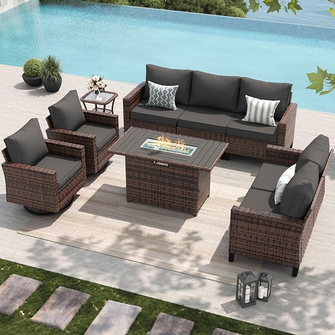 Amopatio Patio Furniture Set with Fire Pit Table, Wicker Outdoor Sectional Sofa with Swivel Rocker Chairs, All-Weather Rattan Conversation Set, Waterproof Cover for Backyard, Deck Brown/Grey 6 PCS
