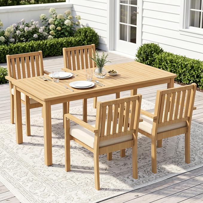 FansaFurn 5 Pieces Acacia Outdoor Patio Table and Chairs Set for All-Weather, Outside Furniture with Table Umbrella Hole and Removable Cushion for 4, Outdoor Patio Furniture Set for Garden, Brown