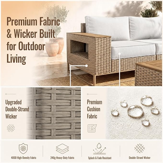 6-Piece Outdoor Patio Furniture Set, Modern PE Wicker Outdoor Sectional Sofa with Storage Armrests & 5.5" Thick Cushions, L-Shaped Couch for Deck, Porch, Backyard, Ivory White