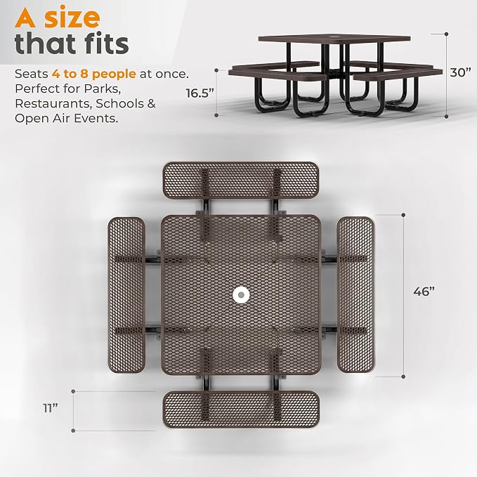 Metal Picnic Tables for Outdoors with Umbrella Hole - Coated Steel Heavy Duty Commercial Grade Furniture (Brown, 46 in, Square, Expanded Steel)
