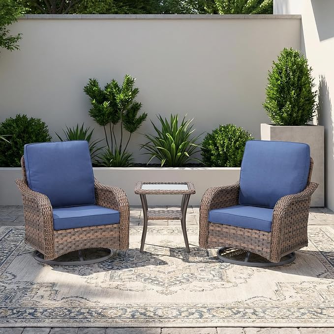 Patio Wicker Swivel Chairs -3 Piece Outdoor Swivel Rocking Chairs with Rattan Side Table, Ergonomic Design for Porch, Deck, Balcony, Garden, and Backyard(Blue)
