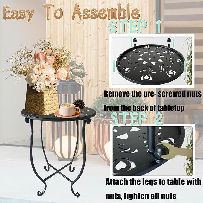 Outdoor Side Table, 14-inch Small Round Metal Patio Table with Flower Cut-Out Design, Modern Rust-Proof Portable End Table Patio Side Table for Outside Garden Balcony Yard & Indoor Use 1 Pack