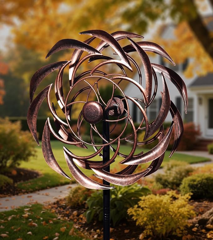 63" Copper Wind Spinner Metal Bronze Antique Clockwork Garden Yard | Antique Garden Art, Rustproof bronze sundial spinner, Whisper-quiet dual-bearing kinetic motion, Stable 5-prong stake