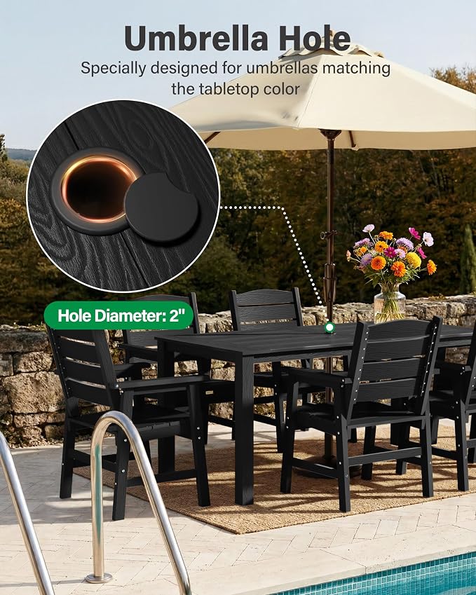 YEFU Outdoor Patio Table HIPS: 67" Rectangle Outdoor Dining Table with Umbrella Hole & Metal Aluminum Frame - All-Weather Patio Dining Table for 6 Modern Outside Furniture for Deck Garden Black