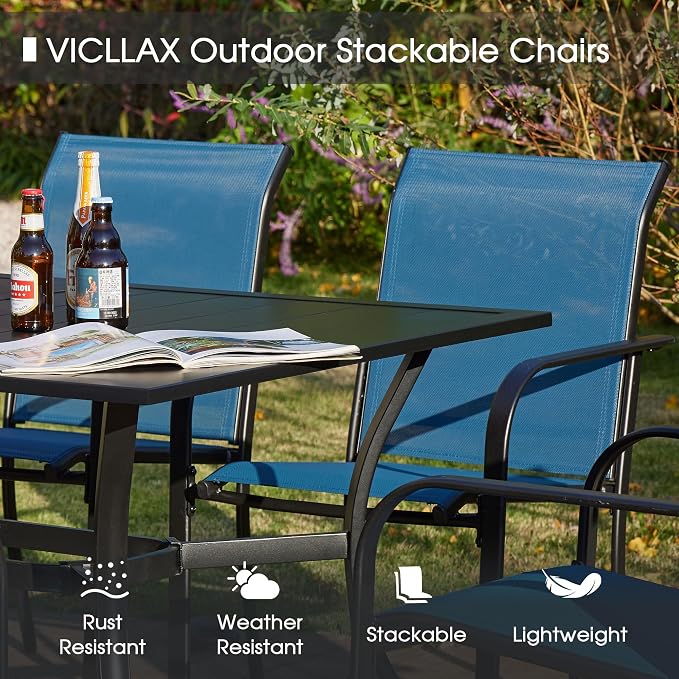 VICLLAX Large Patio Dining Furniture Set, Outdoor Dining Set for 10-60" Round Outdoor Table and Patio Stackable Chairs, Black Tabletop and Blue Fabric