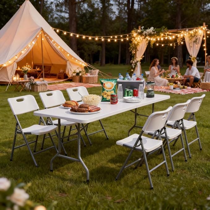 DWVO 6FT Folding Table, Heavy Duty Folding Tables with Carrying Handle, HDPE Fold up Table for Outdoor Camping Picnic Parties, Indoor Events, White