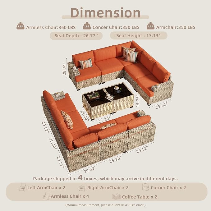 CAODOC Patio Furniture Sets 12 Pieces Outdoor Sectional Rattan Sofa Manual Weaving Wicker Patio Conversation Set with Ottomans and T Cushion(Red)