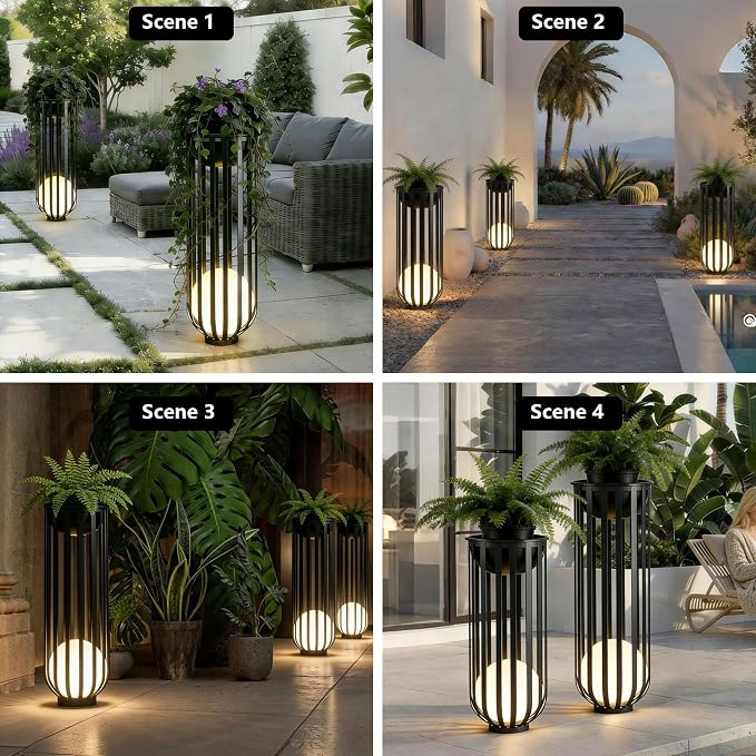 Outdoor Solar Plant Stand Table,Built-in LED Glowing Sphere, Remote Control & Detachable Solar Panel, Rustproof Weatherproof Metal Furniture for Garden Landscape