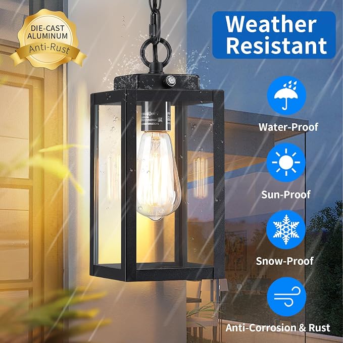 11'' Dusk to Dawn Outdoor Pendant Light, Outside Chandelier Lantern, Black | Modern Hanging Porch Light with Clear Glass, Exterior Pendant Lighting Fixture for Porch, Yard, Entryway, 1 Pack (Small)