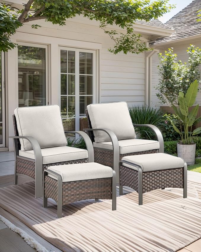 HUMMUH Outdoor Wicker Chairs Set of 2-All Weather Rattan Wicker Patio Chairs with Ottoman Small Outdoor Furniture Set for Deck Porch Garden Poolside Backyard-Brown/Beige