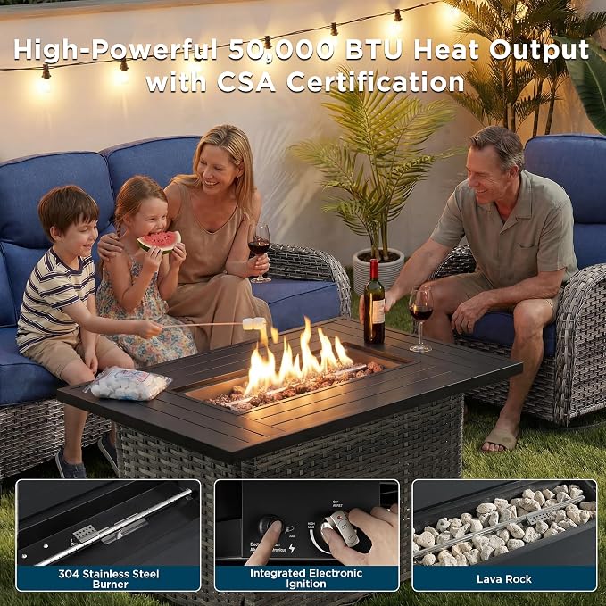 Luxury Patio Furniture Set with Fire Pit Table-6 Pieces All Weather Outdoor Swivel Rocker Chairs with Sofa and Ottomans. Outdoors Patio Conversation Sets for Porch Deck Garden Backyard(Grey/Blue)