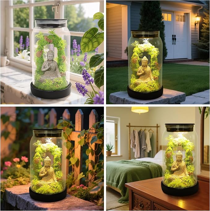 Solar Garden Buddha Statue for Home Decor - 9.8'' Zen Solar Lights Sculptures Decor with 15 LED, Sitting Meditating Buddha Serene Moss Figurine in Jar for Patio Lawn Yard Good Luck Housewarming Gifts