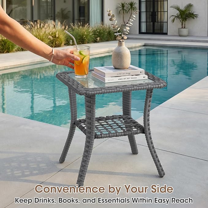 5 Piece Patio Furniture Set, Grey Wicker Outdoor Conversation Set with 2 Wicker Chairs, Side Table and 2 Ottomans, 6-Inch Thick Cushions, Beige Olefin Covers for Patio and Porch