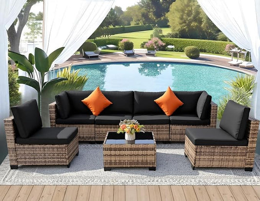 FHFO 7 Piece Outdoor Wicker Patio Furniture Set, Yellow/Black | Sectional Sofa | All-Weather Hand-Woven Rattan | Tempered Glass Coffee Table | Free Combination | Indoor & Outdoor Use