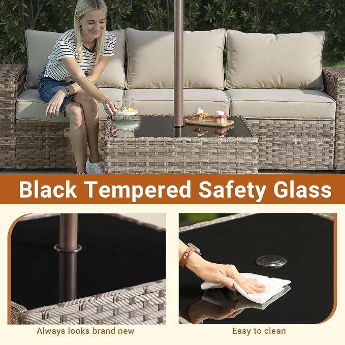 HOOOWOOO Outdoor Patio Side Table with Umbrella Hole,Wicker Coffee End Table Glass Top,Umbrella Table with 1.64" and 2" Hole for Yard,Deck,Porch,Garden(Rectangle Brown)