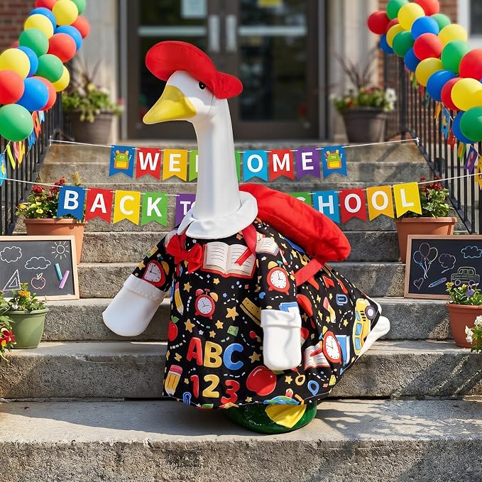 1 Set Back to School Porch Goose Outfit for 23 Inch Lawn Goose Statue | School-Themed Goose Clothes Set Includes 1 Outfit, 1 Hat and 1 Backpack for Patio, Yard, Classroom or Garden Decor