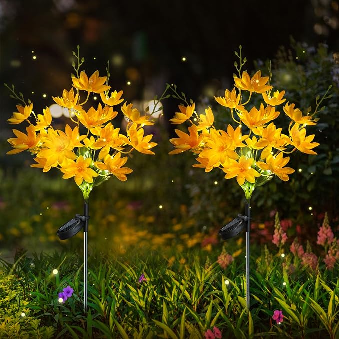 Neporal Solar Flowers Outdoor Waterproof IP65, 5-Head Snow Lotus with 20+ Flowers, Warm LED Light & 2 Lighting Modes, Decorative Solar Lights Outdoor Garden, Yard, Pathway, Flower Bed (2-Pack, Yellow)